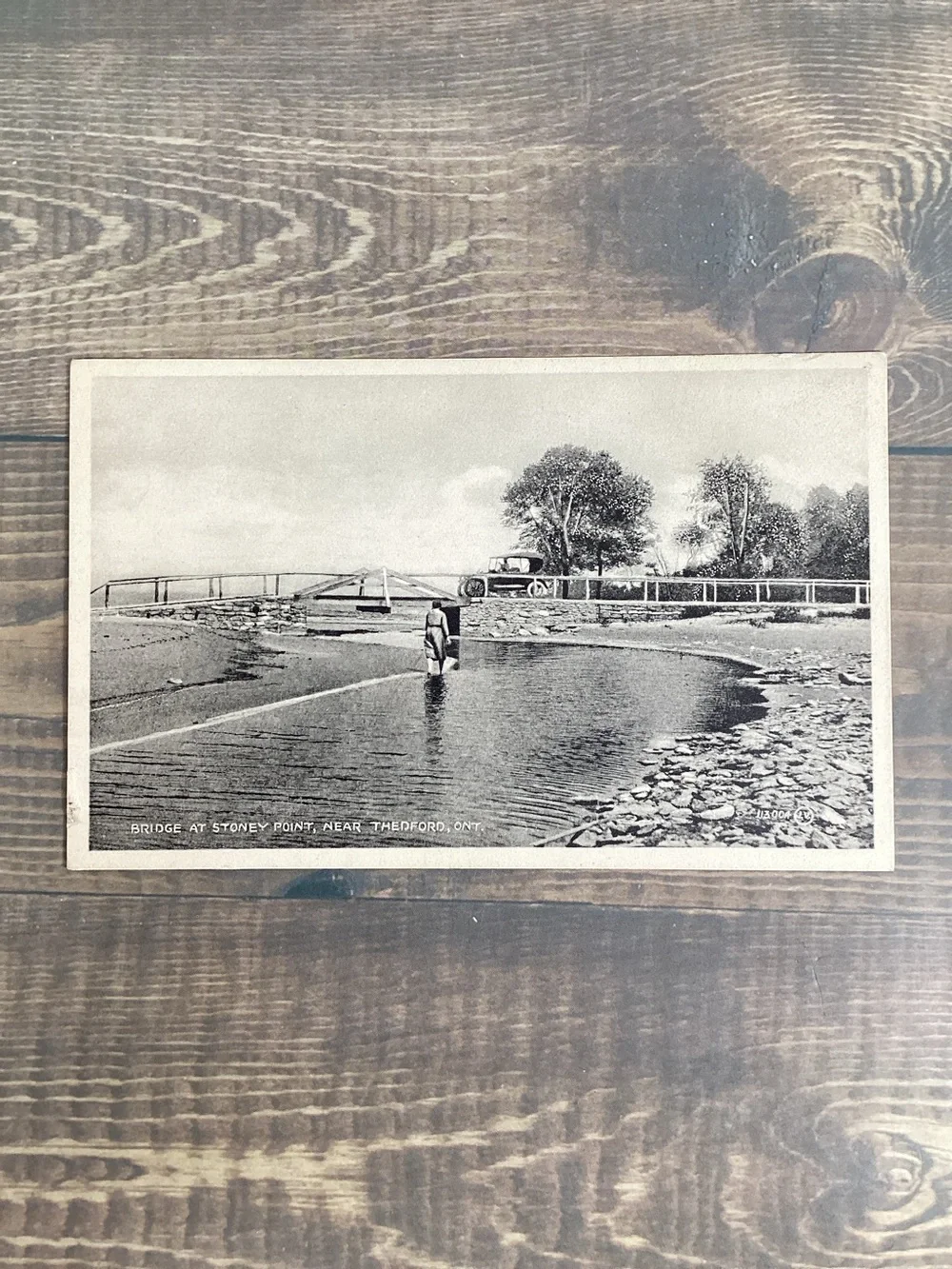 1910s Black & White Postcard Bridge At Stoney Point Thedford Ontario Touring Car